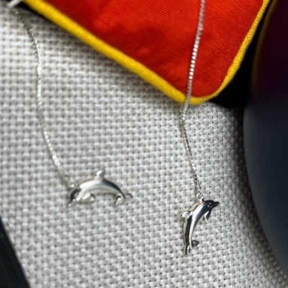 Vintage JCM Sterling Silver Dolphin Threader Earrings - Picture 7 of 14